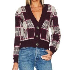 Mother The Slim Low Cardigan Sweater S Bad Boy Magnet Purple Plaid Cropped